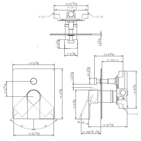 رویه حمام توکار جاستایم مدل آرک با دایورتور کد 7790-XW-79