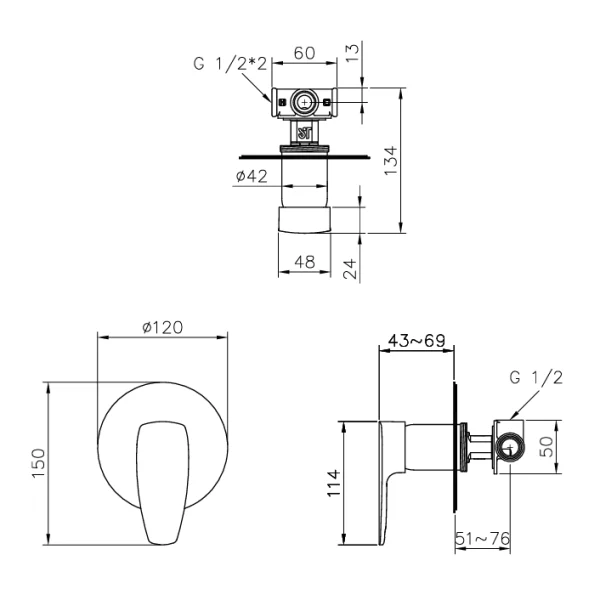 رویه حمام توکار جاستایم مدل پنII اهرمی بدون دایورتور کد 7779-HF-79